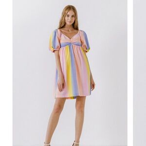 English Factory Pastel Rainbow Stripe Babydoll Mini Dress | Size XS
